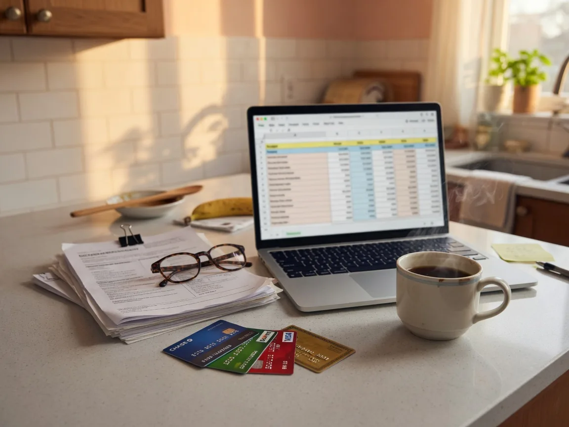 A kitchen counter with a laptop showing a budget spreadsheet, fanned-out credit cards beside a mortgage document, a coffee mug, and reading glasses in soft morning light