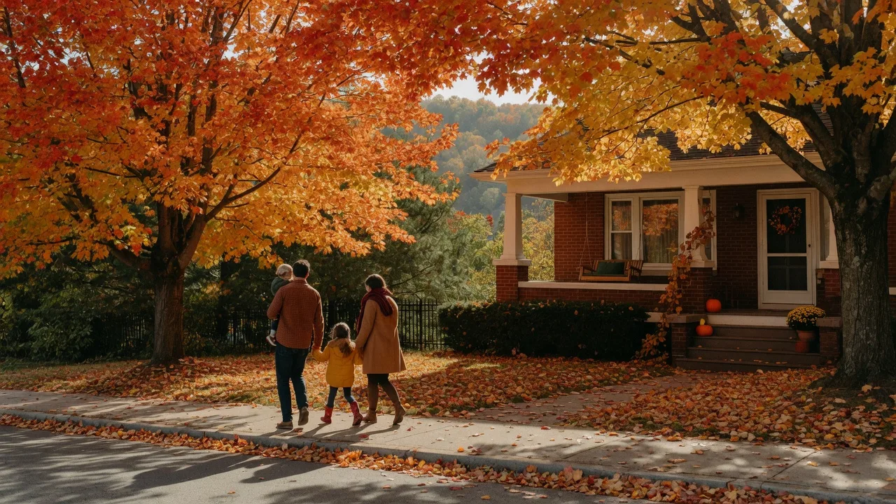 Family walking along a tree-lined Hamilton Mountain street in autumn with golden fall colours