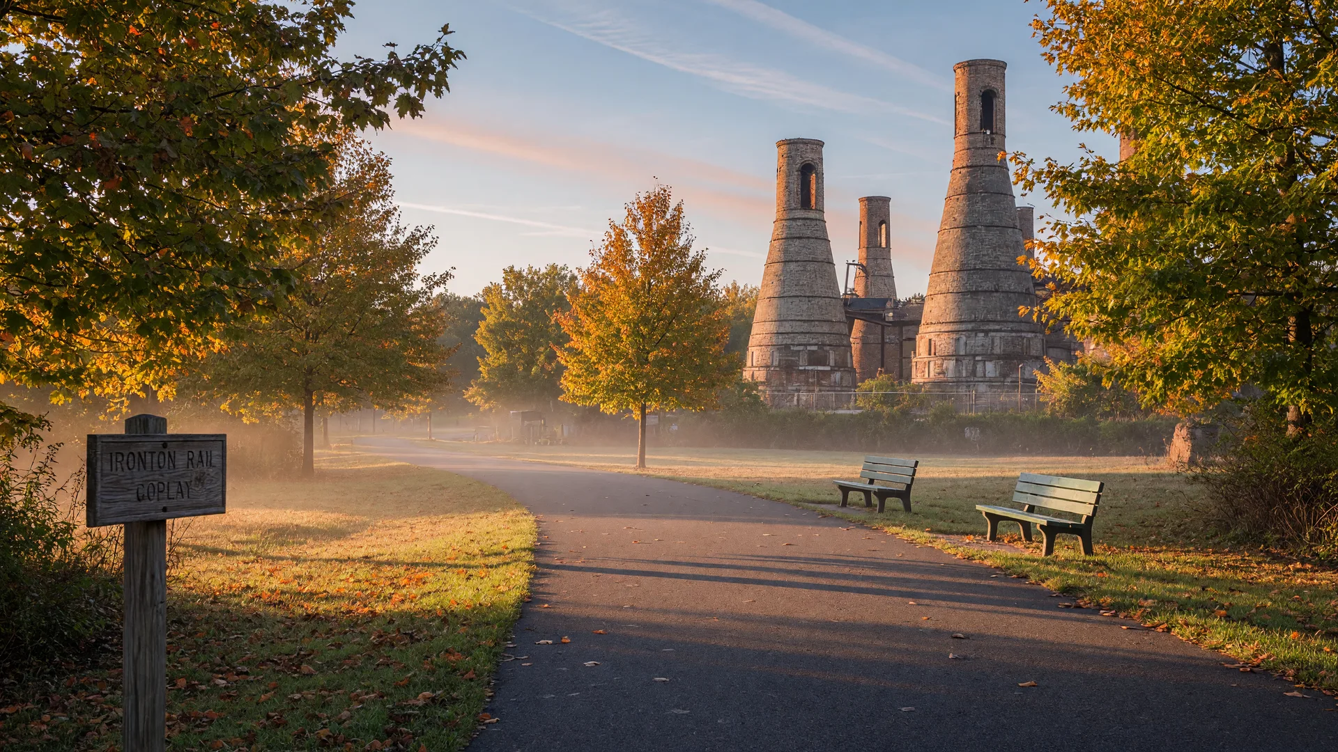 Golden early-October morning light on the Ironton Rail Trail near Coplay, with turning trees and the historic cement kilns in the distance