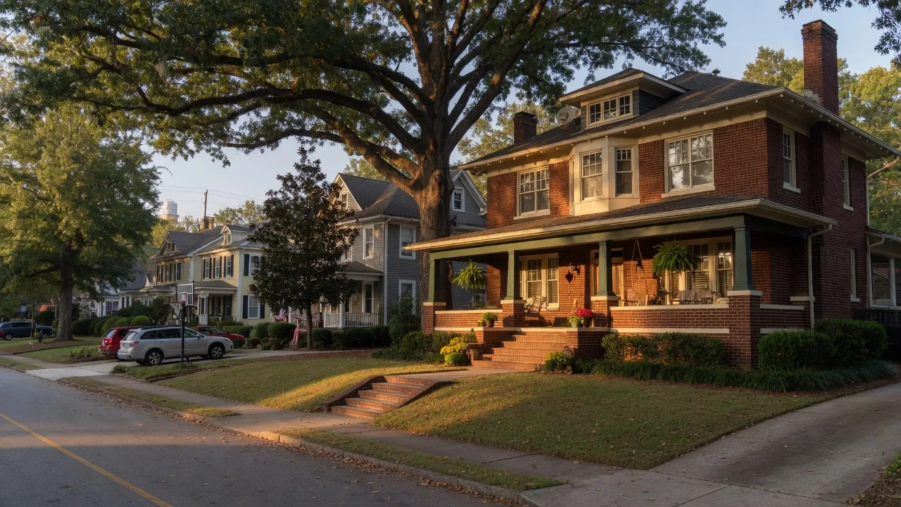 A stately two-story brick and craftsman family home with a covered porch and deep front yard on a tree-lined intown Metro Atlanta street at golden hour, representing what a $600,000 budget buys