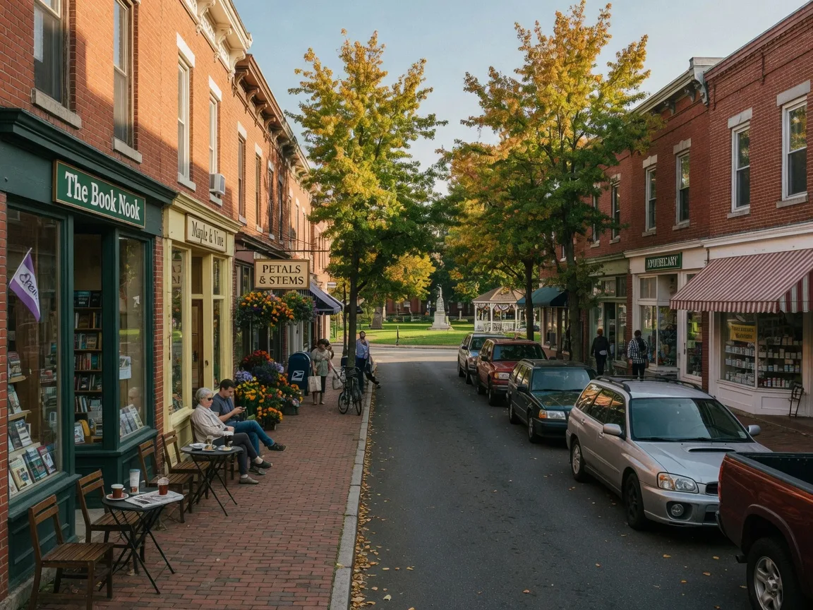 Moorestown's historic Main Street shopping district in warm late-September light