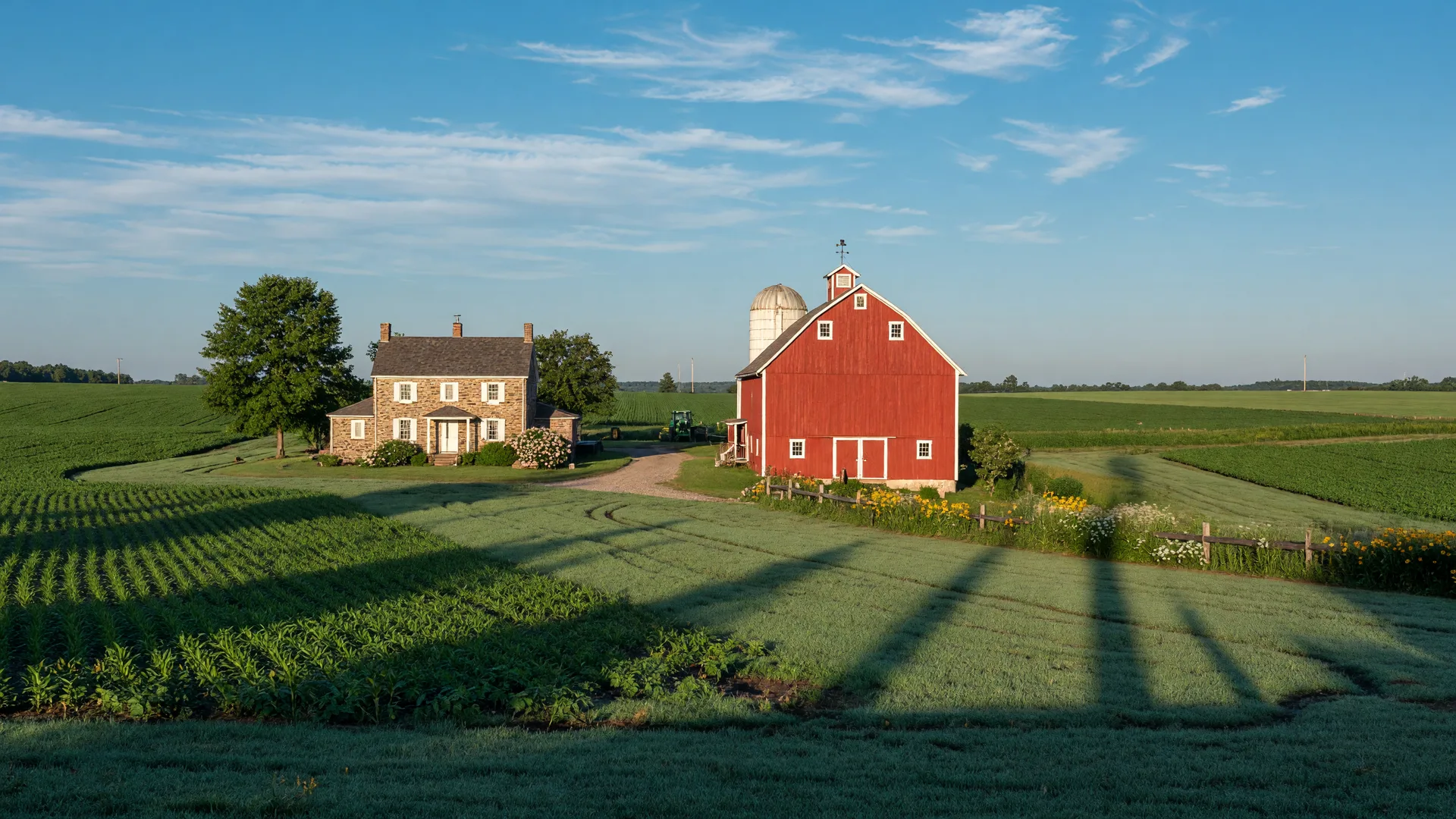 Rolling green farmland stretching to the horizon in Chesterfield Township, Burlington County NJ with a classic red barn and historic stone farmhouse in golden morning light