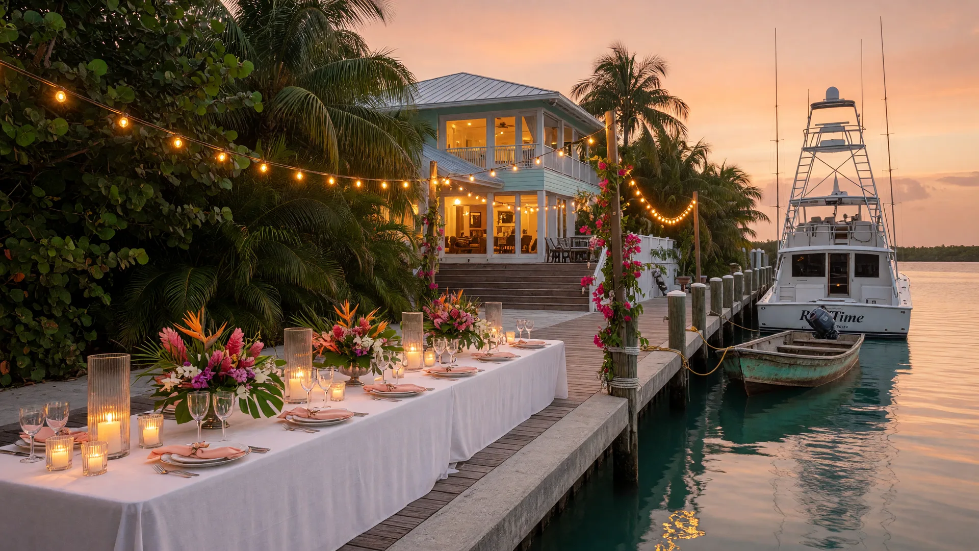 An elegant alfresco dinner table set with white linen, candles, and tropical flowers on a private Florida Keys dock at golden hour, warm string lights strung between dock posts, a luxury elevated metal-roofed waterfront home glowing behind lush palms, a sportfishing yacht and a small skiff moored alongside in calm turquoise water