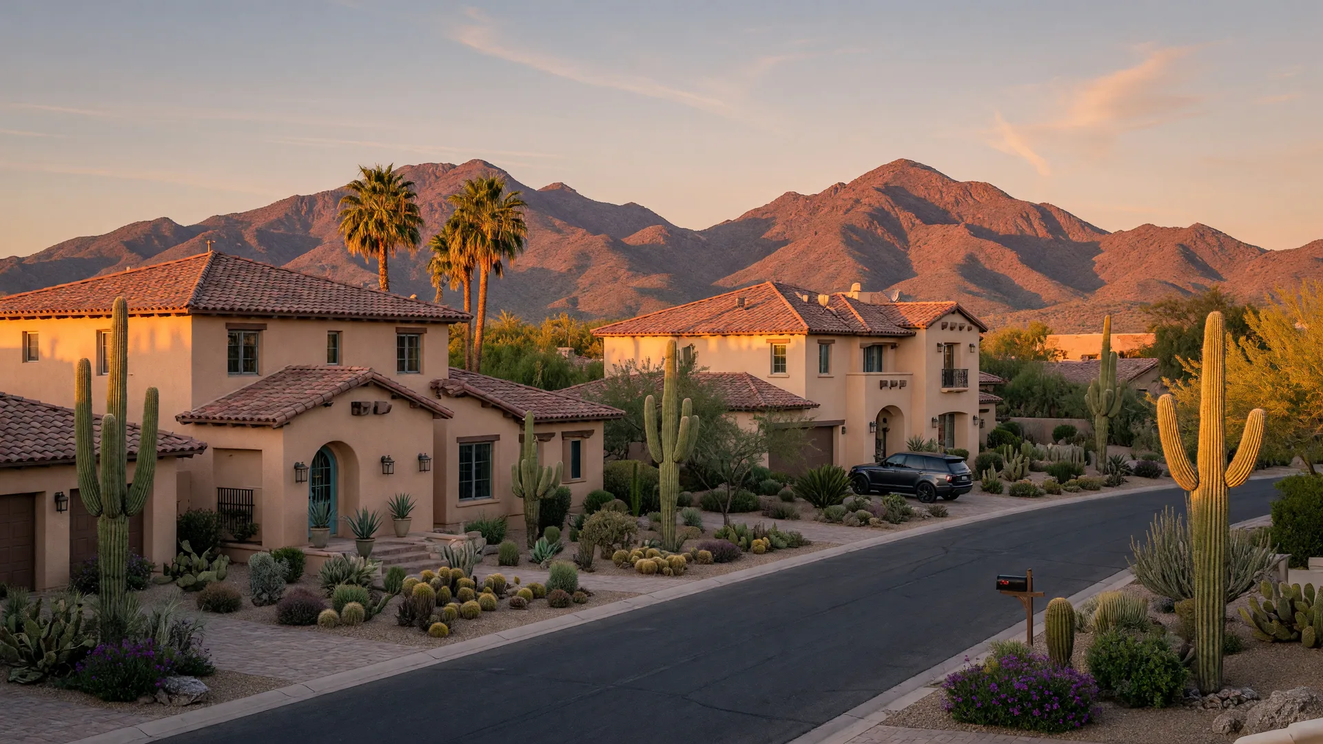 Upscale Scottsdale Arizona neighborhood at golden hour with luxury Southwestern estate homes, saguaros, and the McDowell Mountains