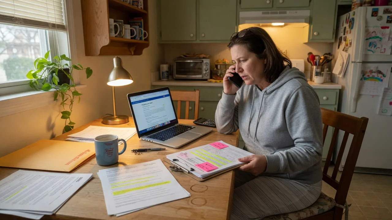 Homeowner sitting at a kitchen table reviewing insurance claim paperwork on a clipboard while on the phone, with an open laptop and coffee mug