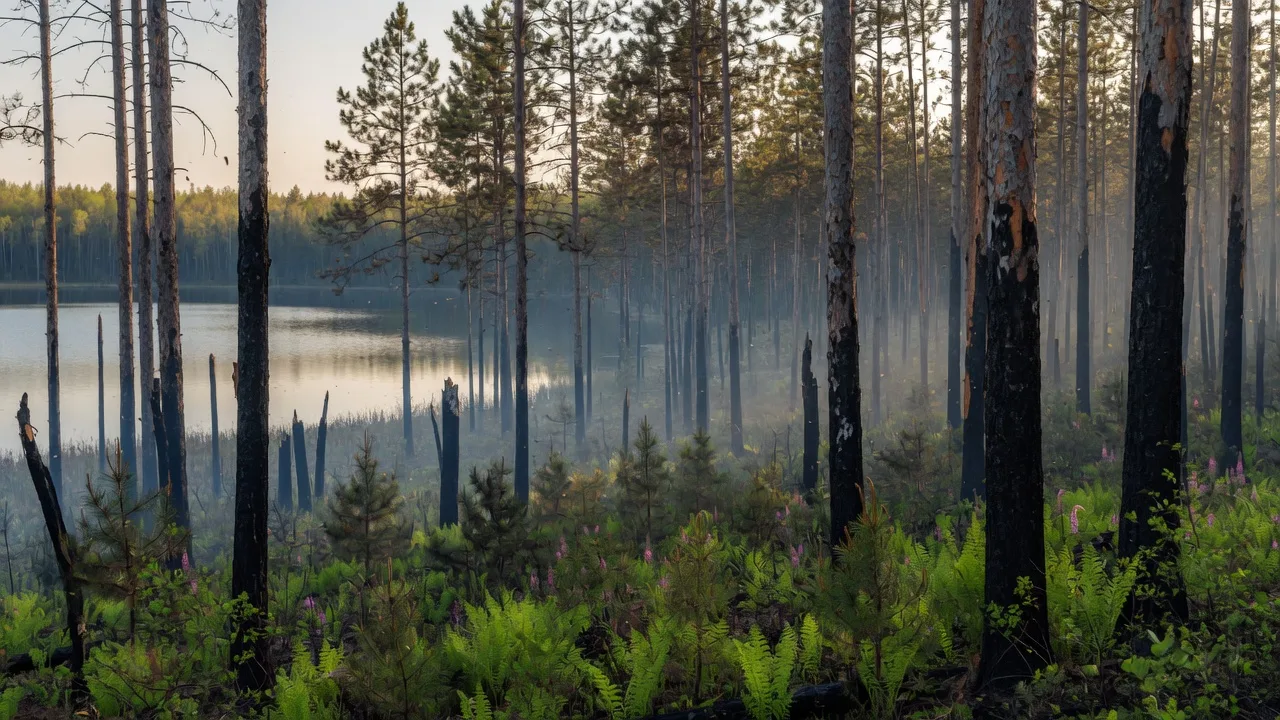 Northern Minnesota pine forest edge after a spring wildfire with charred tree trunks and green regrowth in the distance
