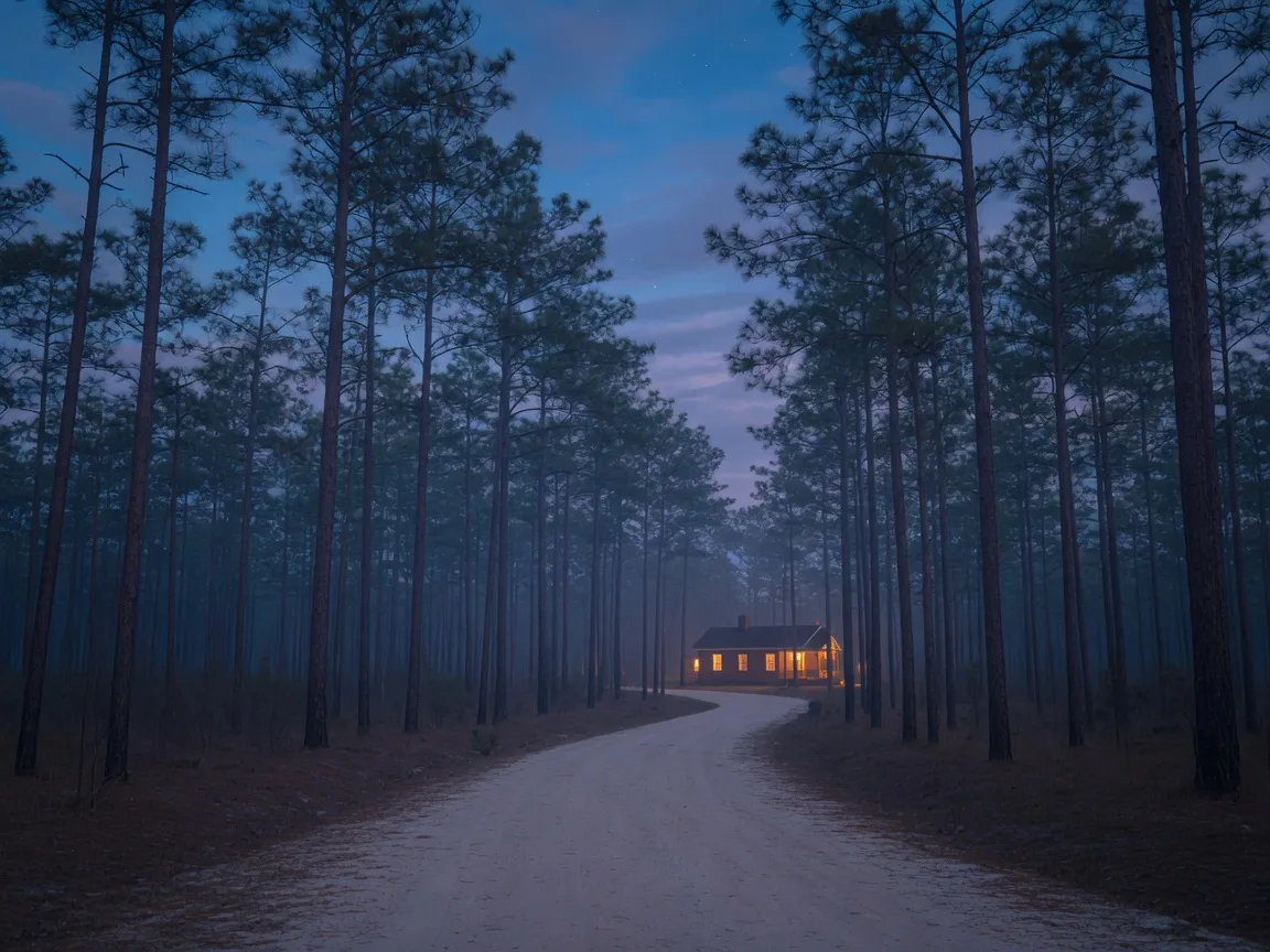 A longleaf pine lane in the Sandhills at dusk with a warm-lit cottage ahead