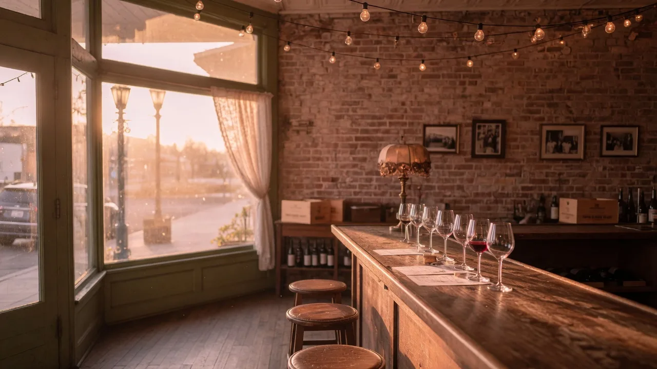 Warm rustic wine tasting room on Main Street in Old Town Newhall with string lights and exposed brick