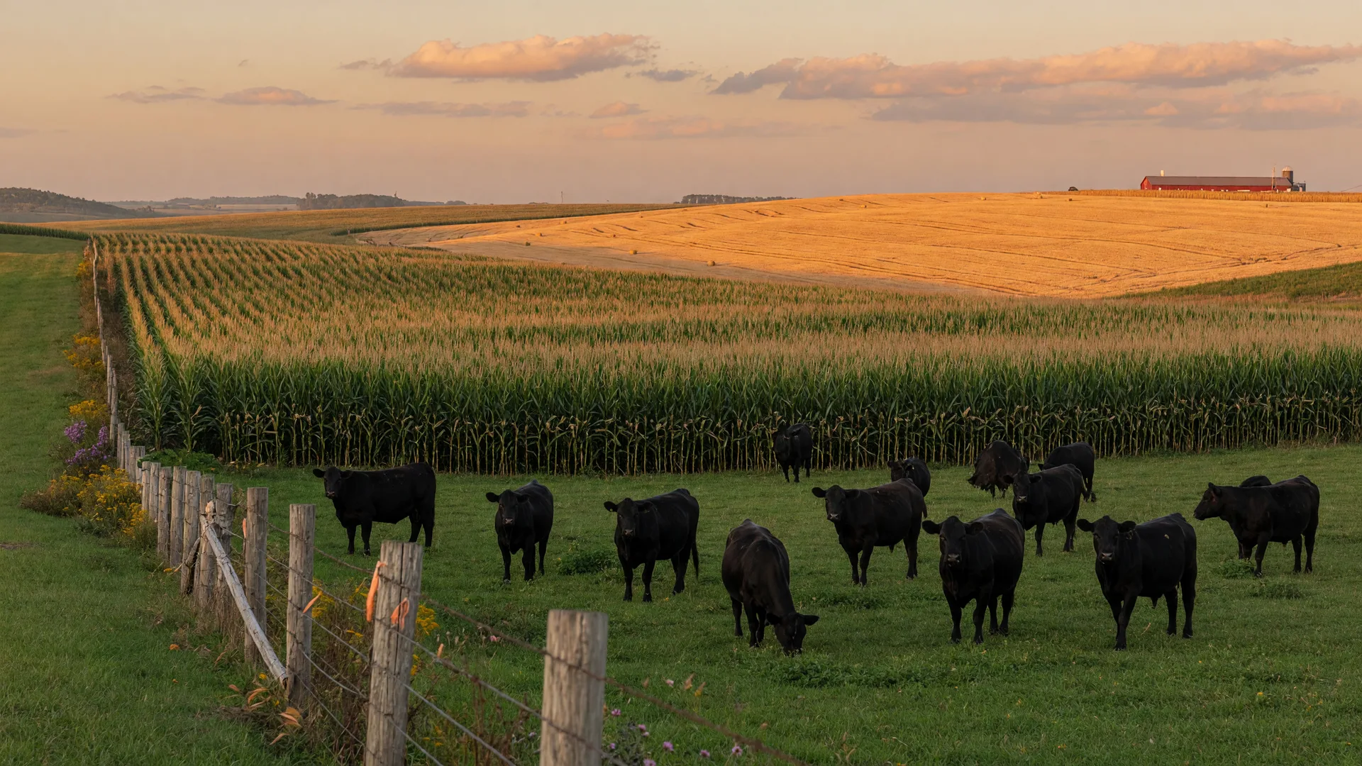 Cinematic panoramic view of a diversified Wisconsin farm at golden hour in early September with angus cattle grazing pasture, standing corn to the horizon, and an amber wheat field on a low rise