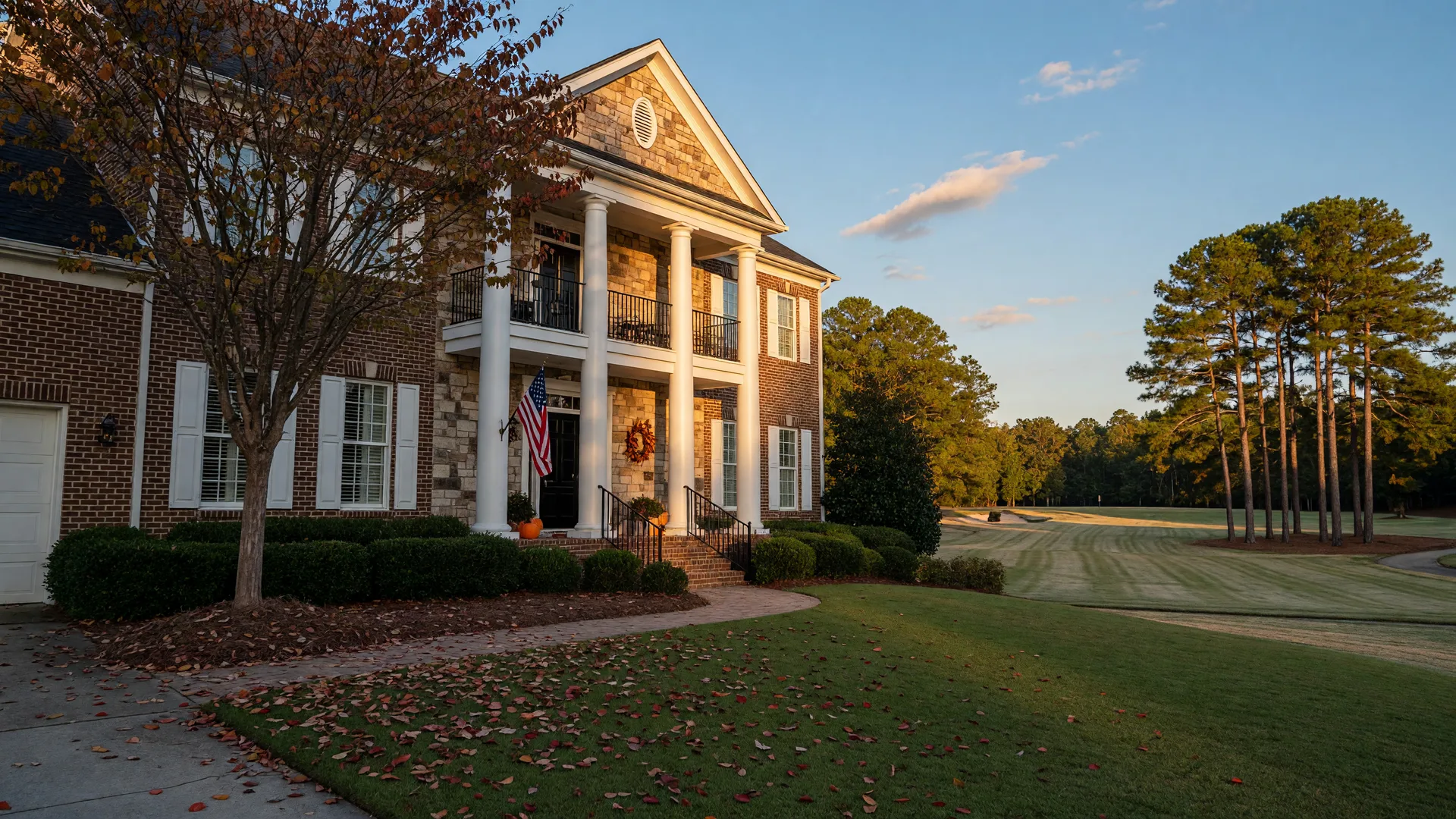 Brick and stone home in Apalachee Farms Dacula Georgia on a crisp autumn morning with an American flag beside the front door, representing buying a home during election season 2026