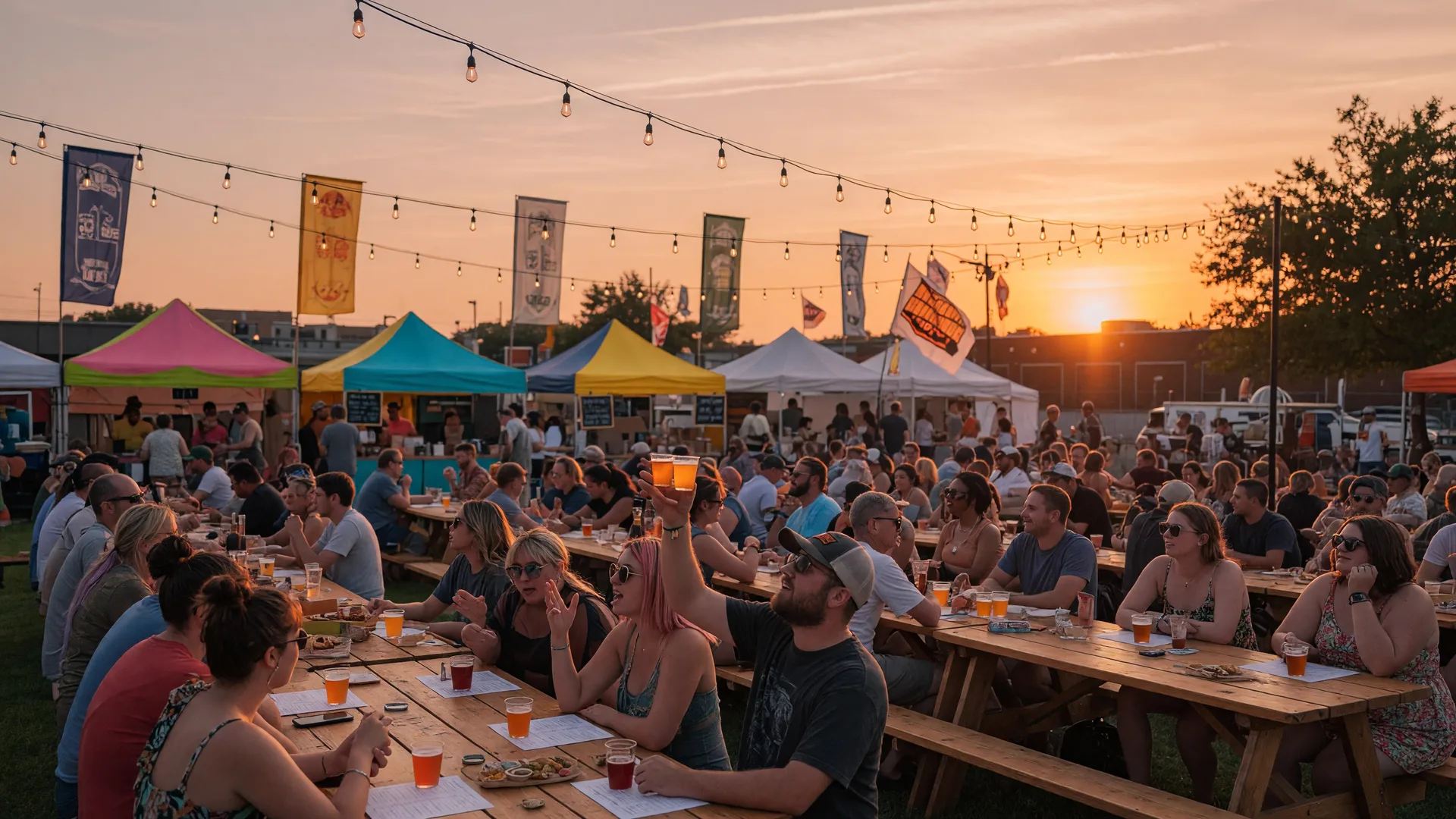 Craft beer festival in Tulsa with people socializing under string lights at sunset with brewery banners and food tents