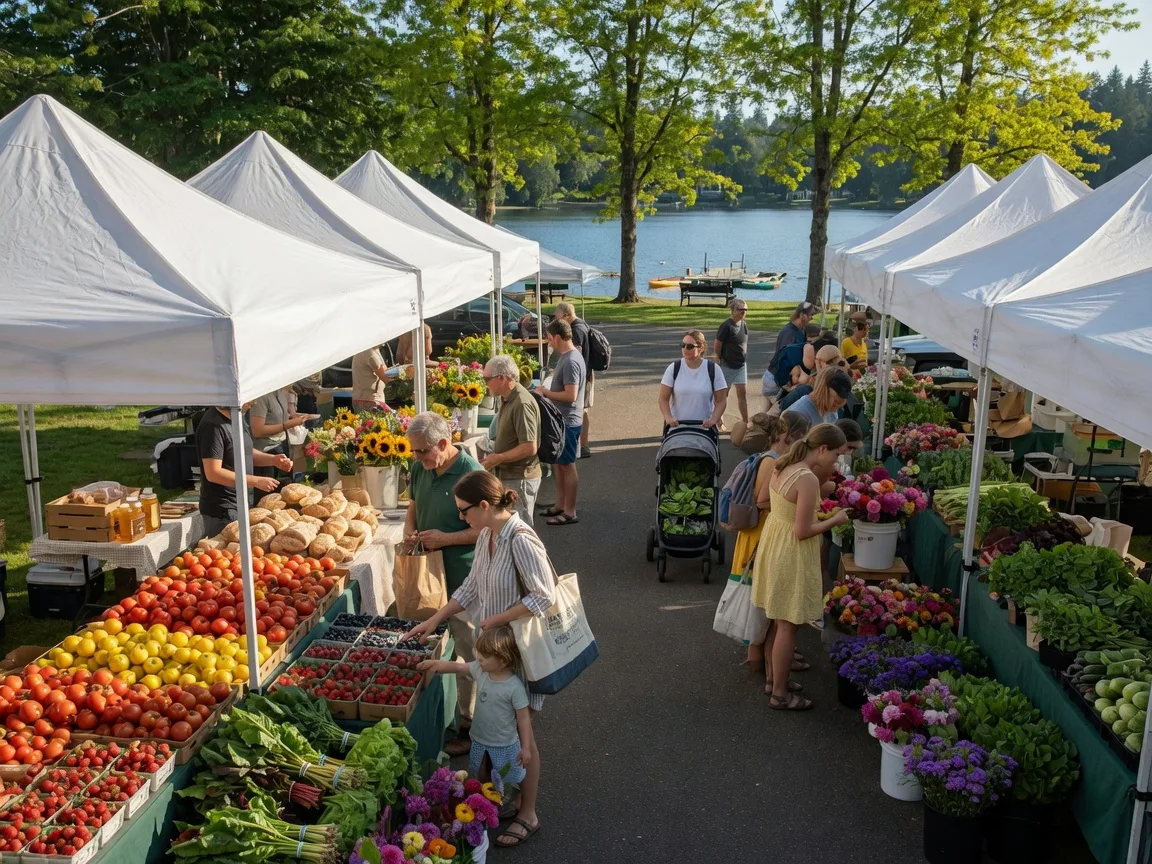 A sunny Saturday morning at the Lake Oswego Farmers' Market with fresh produce stalls