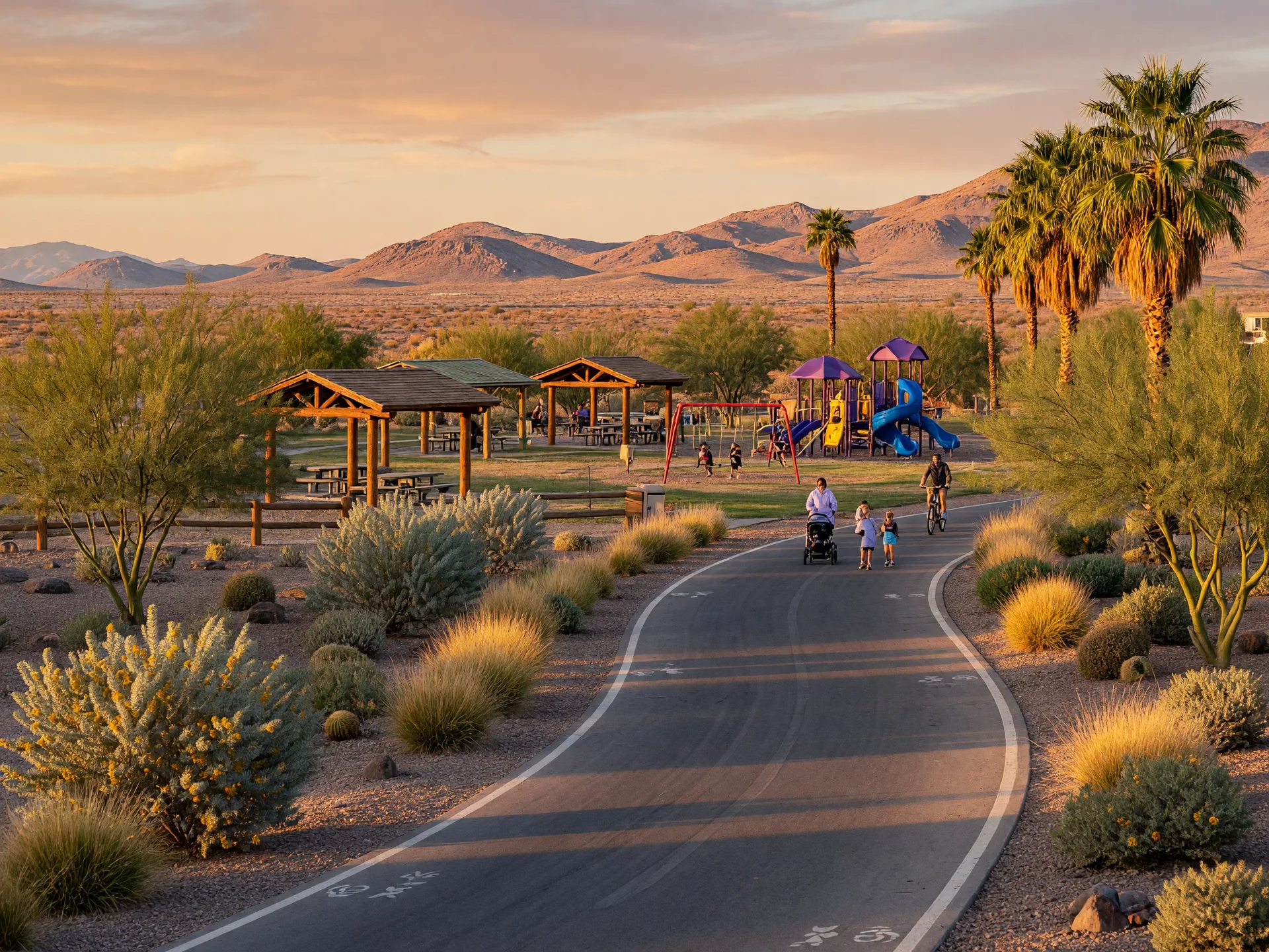 The paved Green Valley multi-use trail in Henderson with desert landscaping and a neighborhood park in the distance