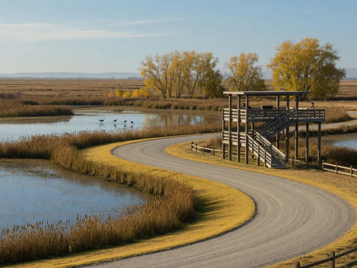 The gravel auto tour road at Merced National Wildlife Refuge curving through golden grassland and seasonal wetlands, a wooden elevated observation platform beside the road, reeds and cottonwoods in fall color, and sandhill cranes wading in a pond in the distance
