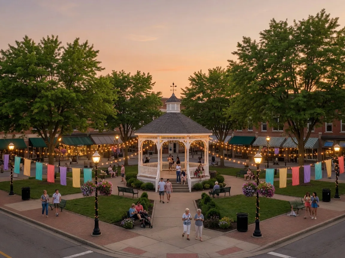 Historic Medina Public Square with white gazebo and strung lights on a summer evening