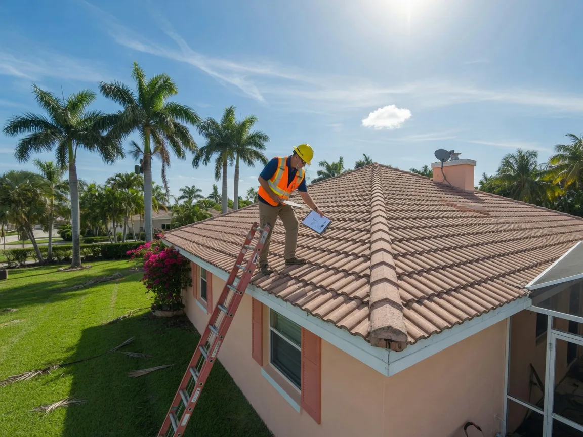 Home inspector examining a roof on a Florida house