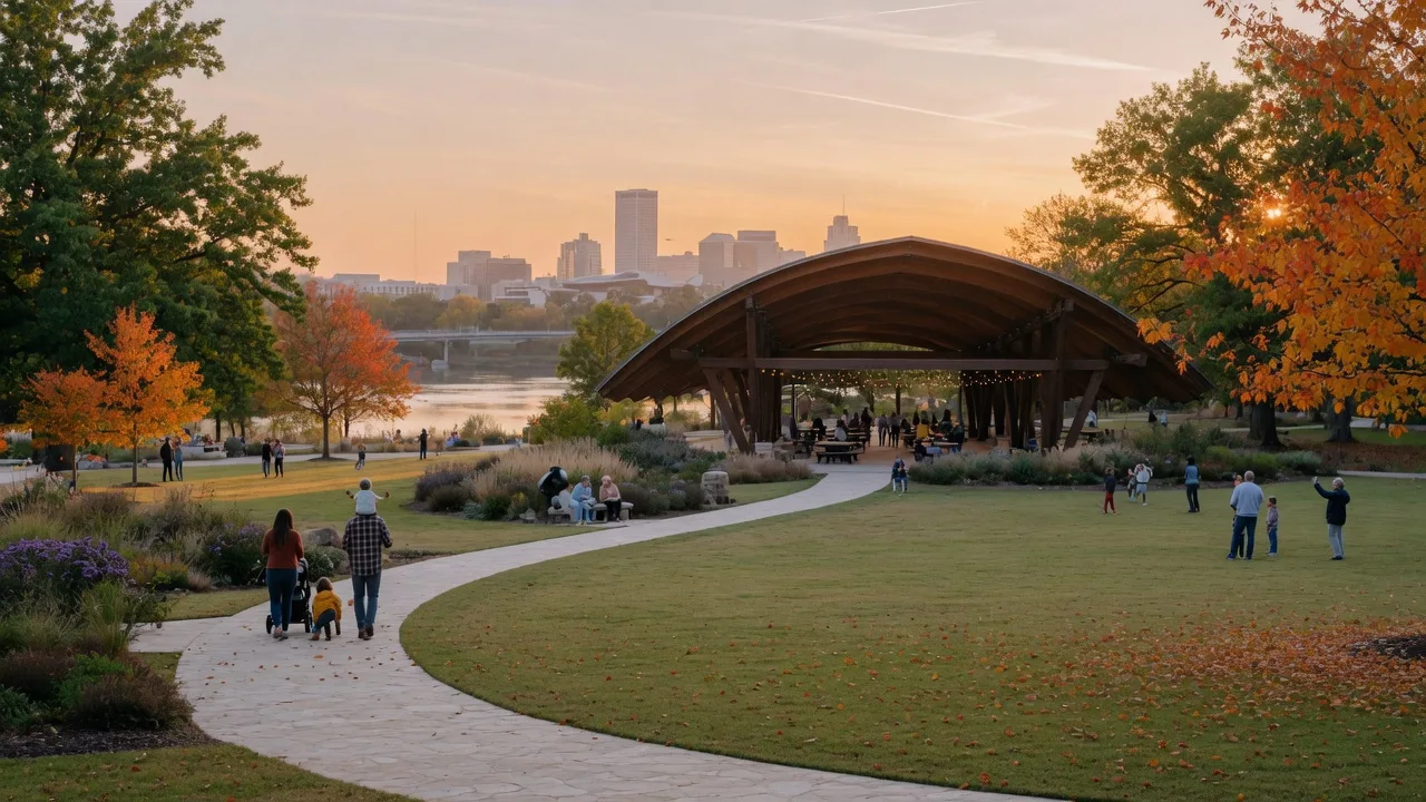 Gathering Place park in Tulsa at golden hour in early autumn with a winding pathway, landscaped gardens, and families strolling