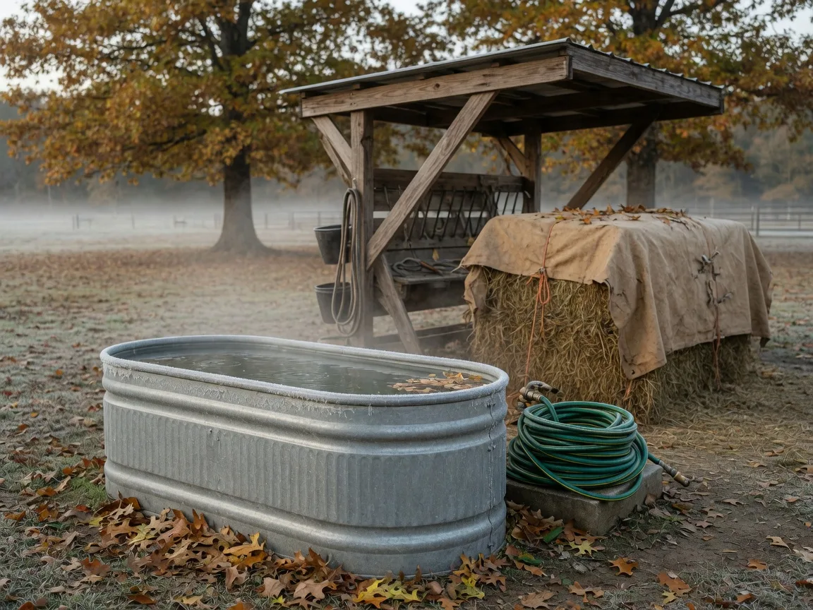 A frost-ringed galvanized water trough beside a coiled hose and tarp-covered hay bales under an open feed lean-to on an autumn Aiken horse farm