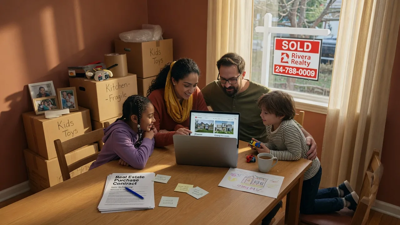 A family at their kitchen table reviewing paperwork and planning a move, with a SOLD sign visible through the window