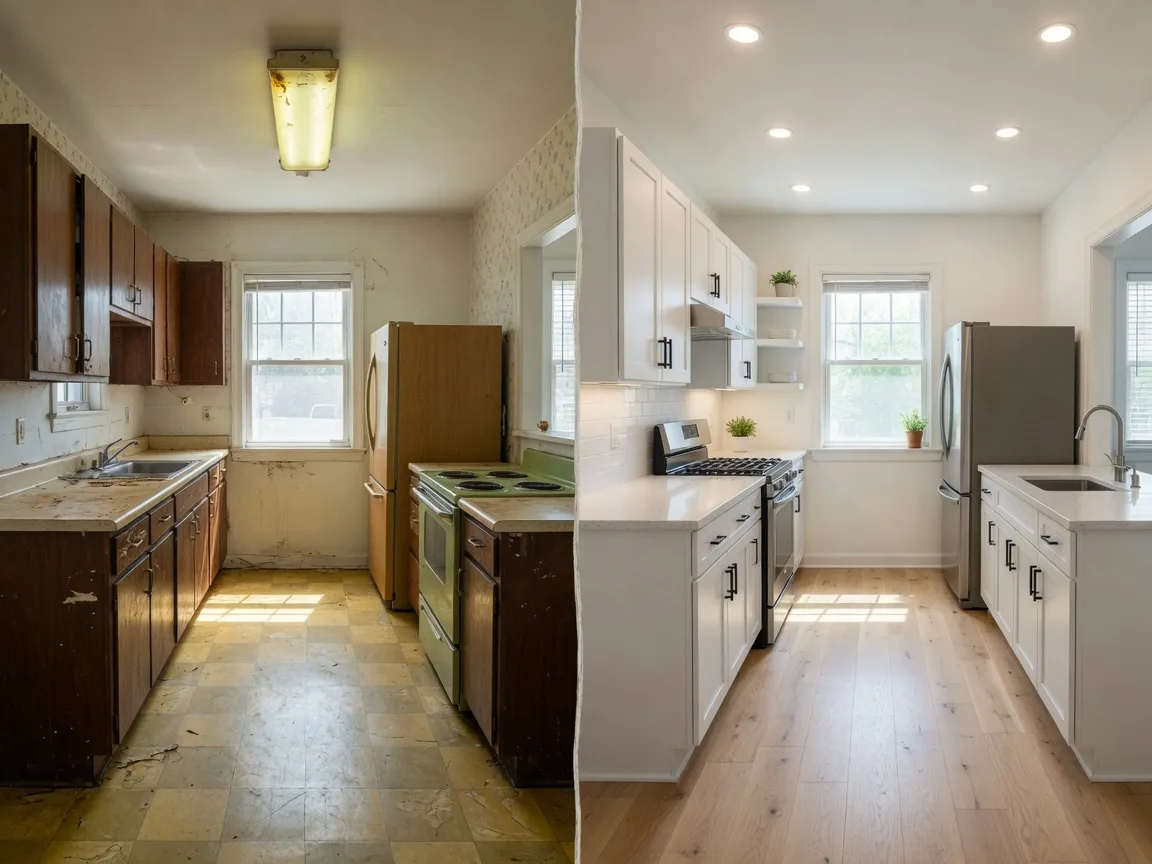 A split-comparison kitchen scene showing outdated worn cabinets on one side and updated modern white cabinets and quartz counters on the other