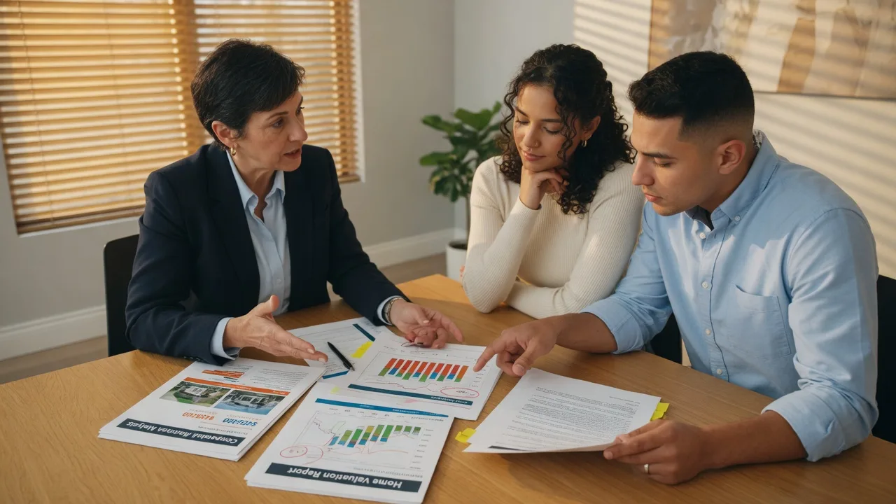Real estate agent and buyers reviewing a contract and home valuation report
