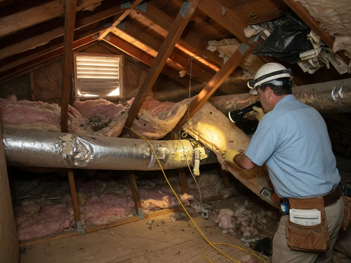 Home inspector examining insulation and ductwork in a crawl space with a flashlight during a Tulsa home inspection