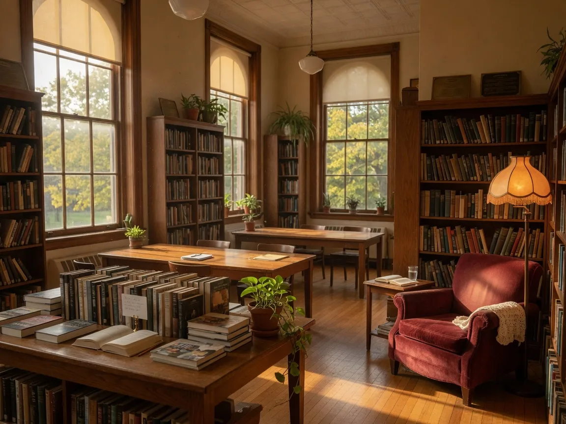 Inside the Abington Free Library on a quiet September afternoon, with tall windows streaming warm natural light across wooden tables and bookshelves, a cozy reading nook with a comfortable chair, peaceful library atmosphere