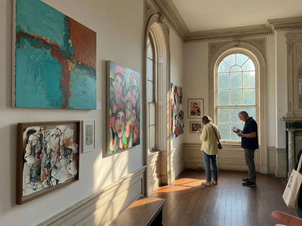 The manor house gallery of the Abington Art Center in Jenkintown on a bright September morning, with paintings and mixed-media works on white gallery walls in warm natural window light and visitors quietly viewing