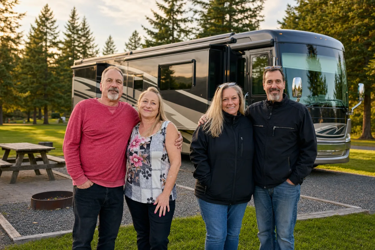 The four founders of NW Common Grounds standing together in front of a modern RV at a spacious Pacific Northwest campsite among evergreen trees in warm light