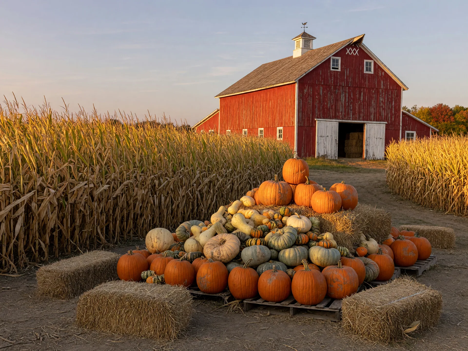 Golden corn maze rows, stacked pumpkins, and hay bales at a Pennsylvania farm fall festival on a warm afternoon