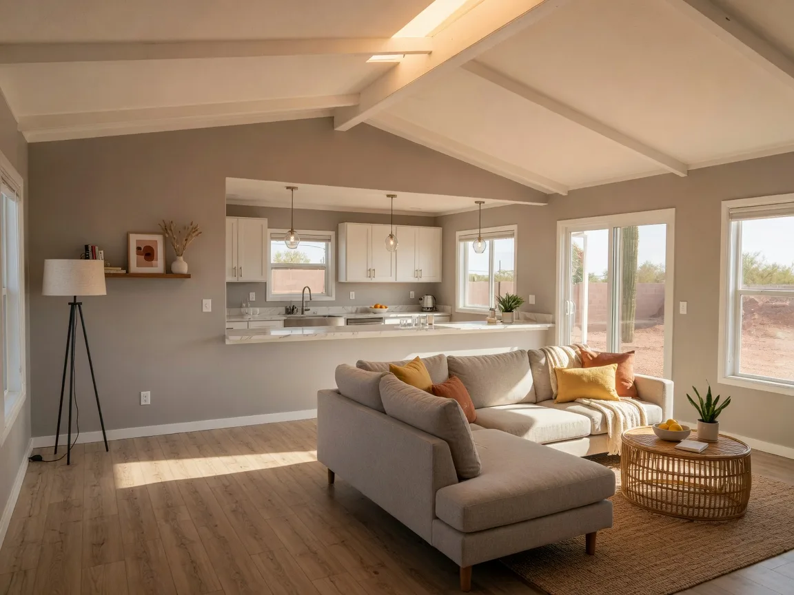 The freshly updated interior of an Arizona manufactured home with a vaulted ceiling, new flooring, and a modern kitchen