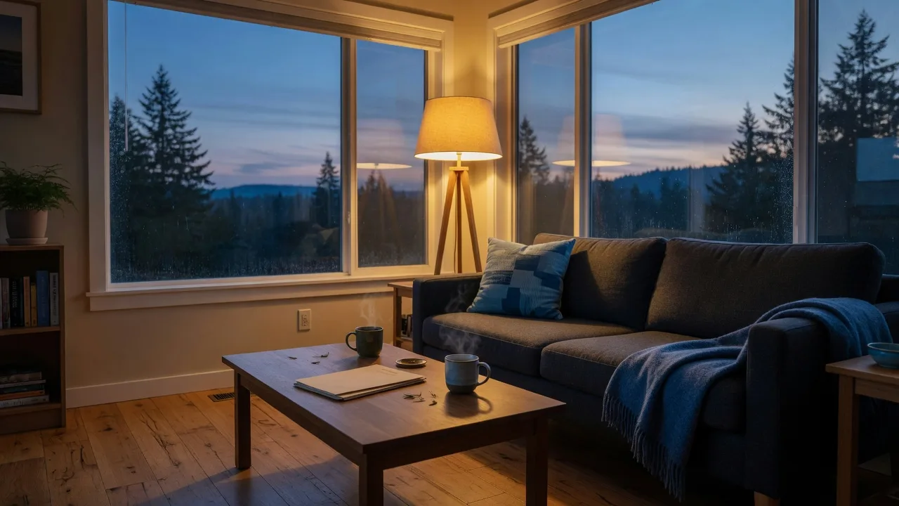 A cozy modern living room at dusk with documents and mugs on a coffee table