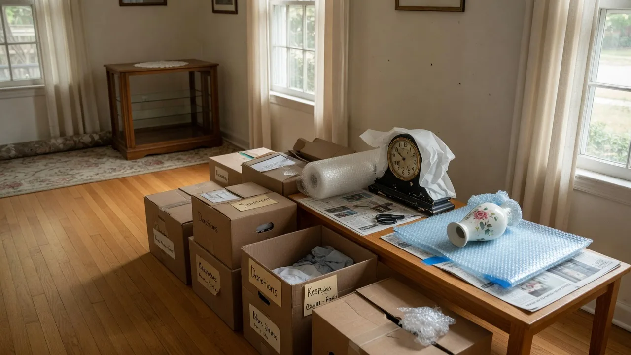 Estate cleanout with organized boxes and carefully wrapped heirloom items in natural light
