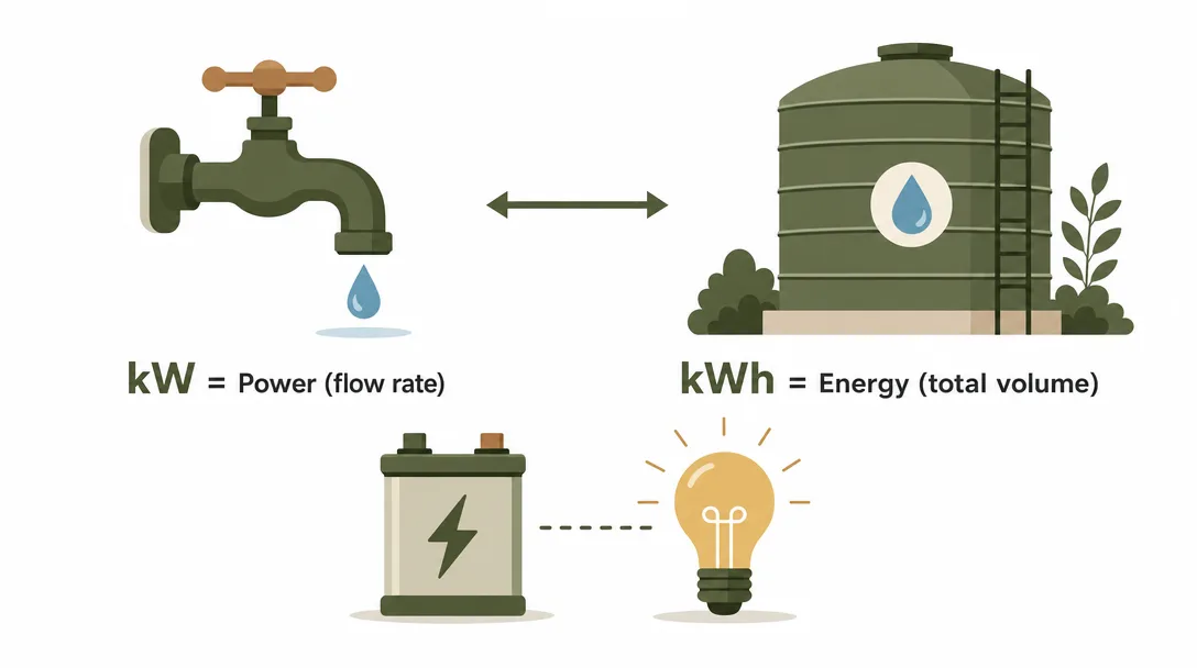 Infographic explaining the difference between kilowatts and kilowatt-hours