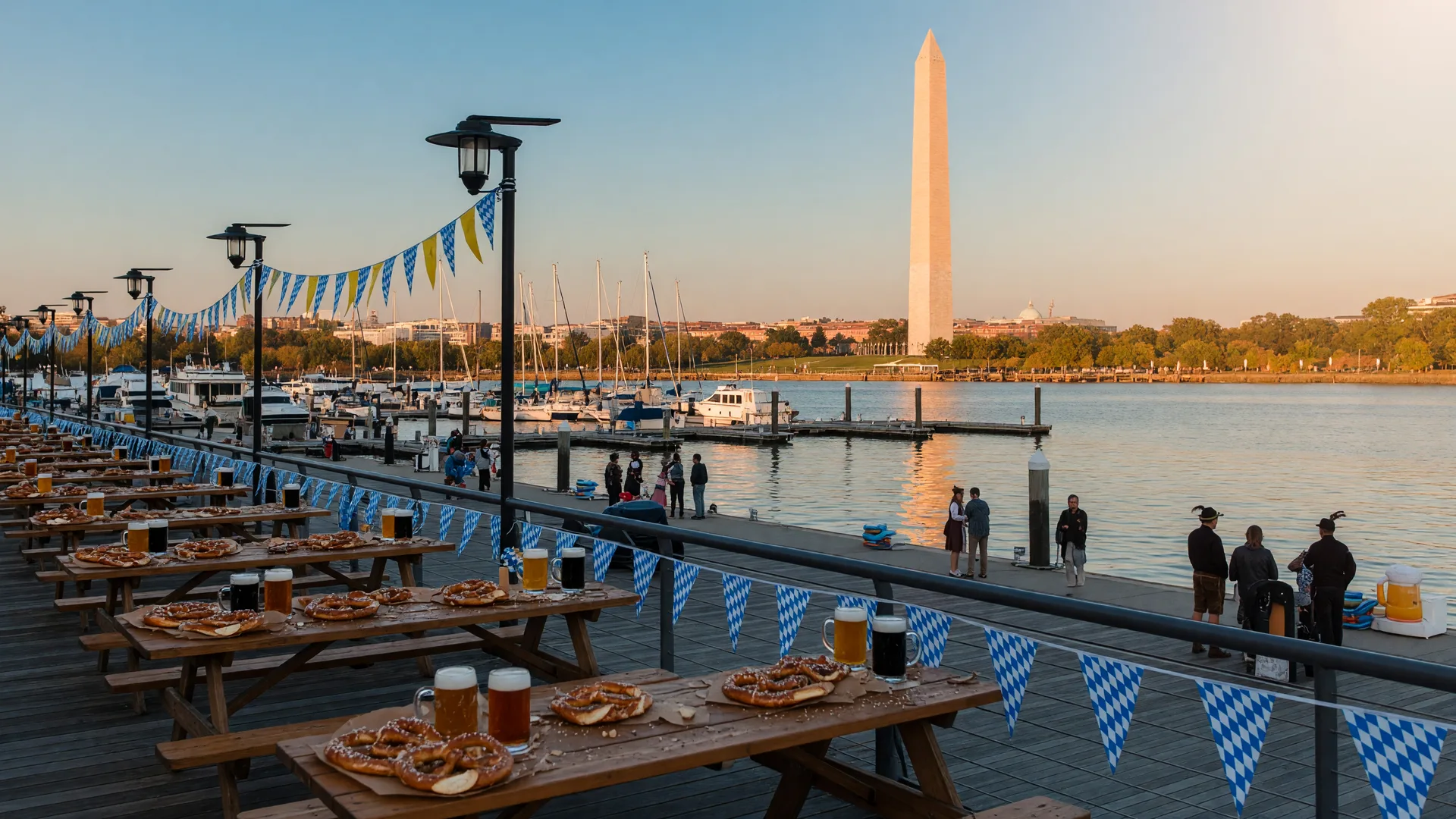 Oktoberfest celebration at The Wharf on the Southwest Waterfront in Washington DC on a golden early-October afternoon, blue and white bunting and Bavarian-style flags strung between lamp posts, wooden tables with pretzels and beer steins along District Pier, the Potomac River and Washington Monument on the skyline