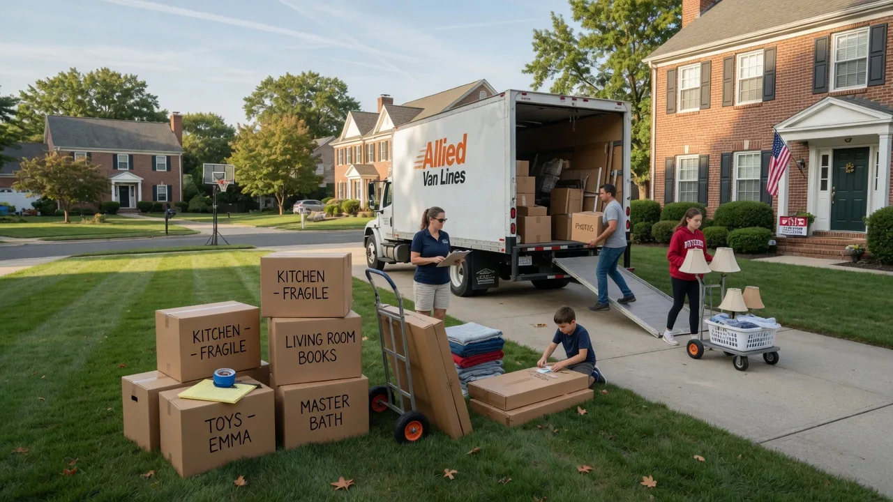 Moving truck parked in a suburban driveway with boxes and packing supplies on a warm afternoon