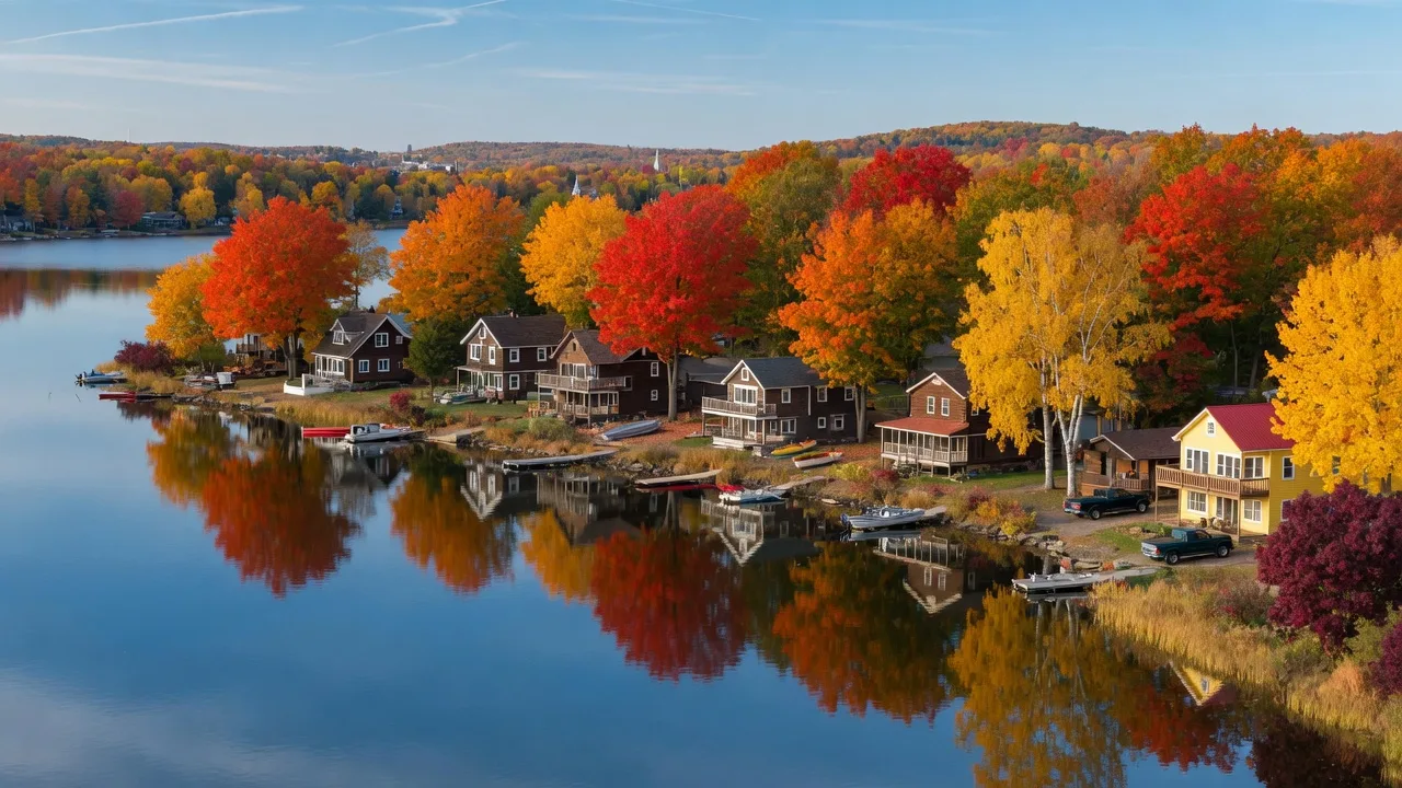 Minnesota lakeside community in autumn