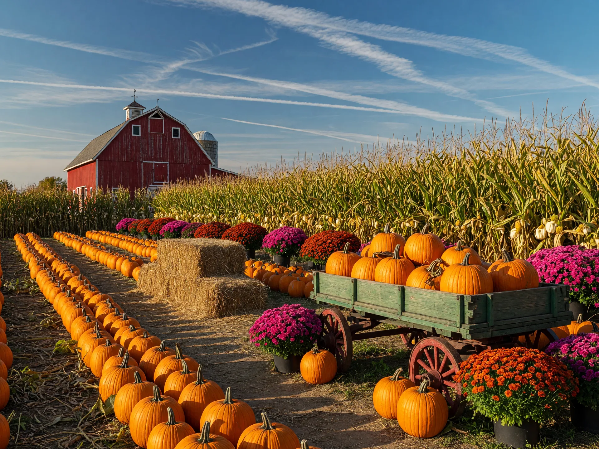 Rows of orange pumpkins leading to a red barn with hay bales and autumn mums at a family fall farm
