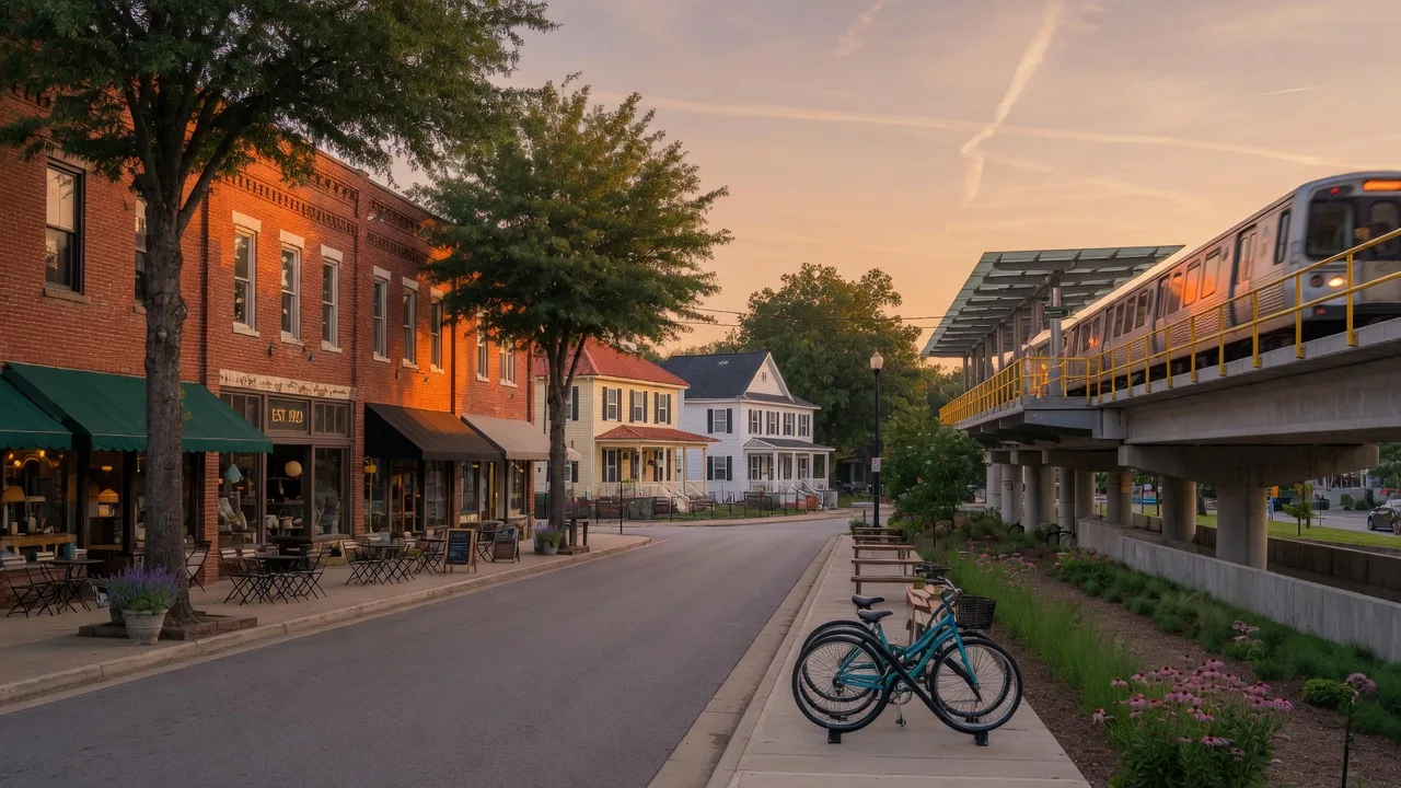 Downtown Chamblee, Georgia at golden hour with brick storefronts and antique-row buildings on one side, the MARTA Gold Line station and a passing silver train on the other, and a landscaped rail trail with a bike rack in the foreground