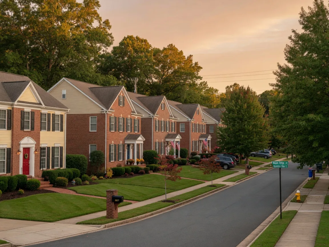 A leafy suburban street in a Dumfries-area neighborhood, with brick Colonials, manicured lawns, and mature trees