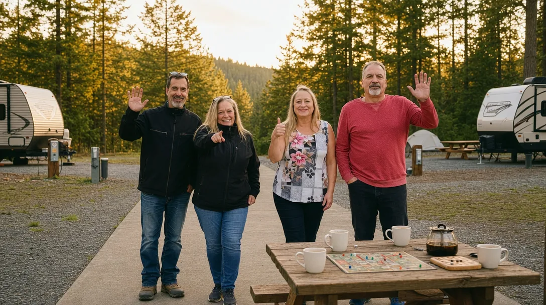Chris, RoxSandra, Shannon, and James, the four founders of NW Common Grounds, walking down the RV storage pad onto the gravel camping area, waving hello toward a picnic table with coffee and games among the evergreens