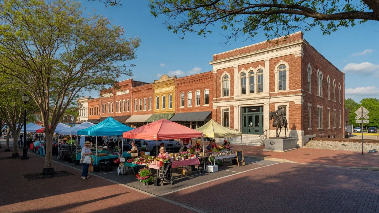 Historic downtown Cartersville, Georgia featuring restored brick railroad district buildings, a farmers market on the town square, and the Booth Western Art Museum on a bright spring afternoon