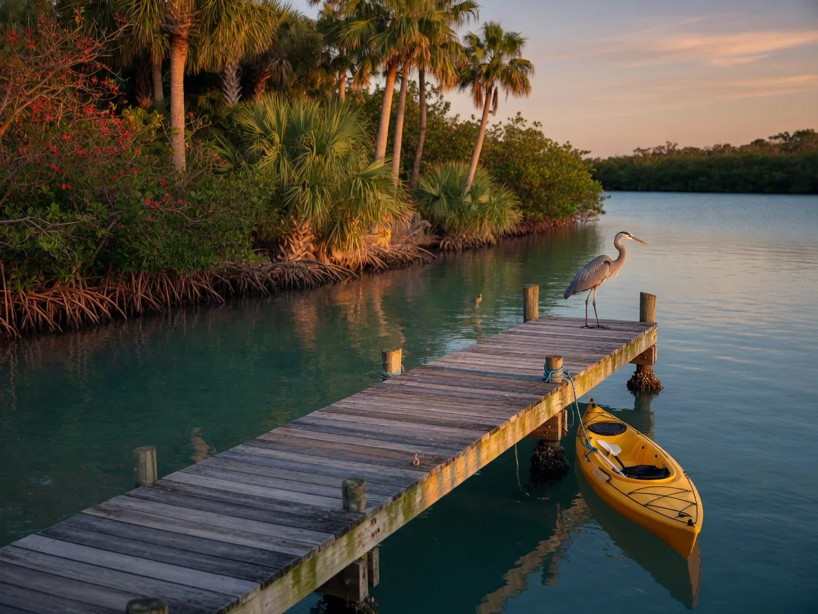 A weathered wooden boat dock reaching into the calm teal water of the Indian River Lagoon in Sebastian at late afternoon, with mangroves, a tied kayak, and a wading heron.