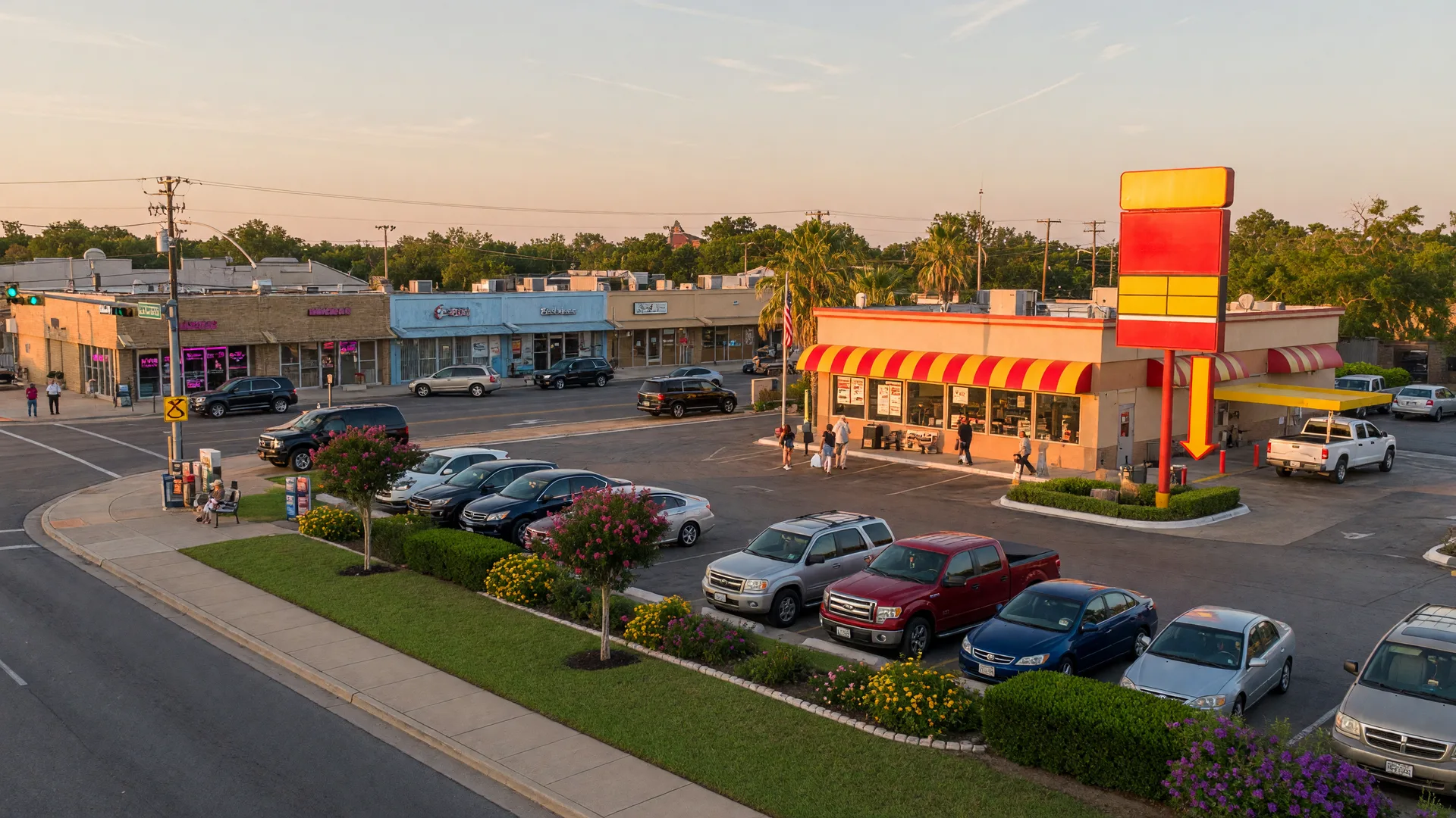 Busy commercial intersection in a small Texas town with a fast-food restaurant at golden hour