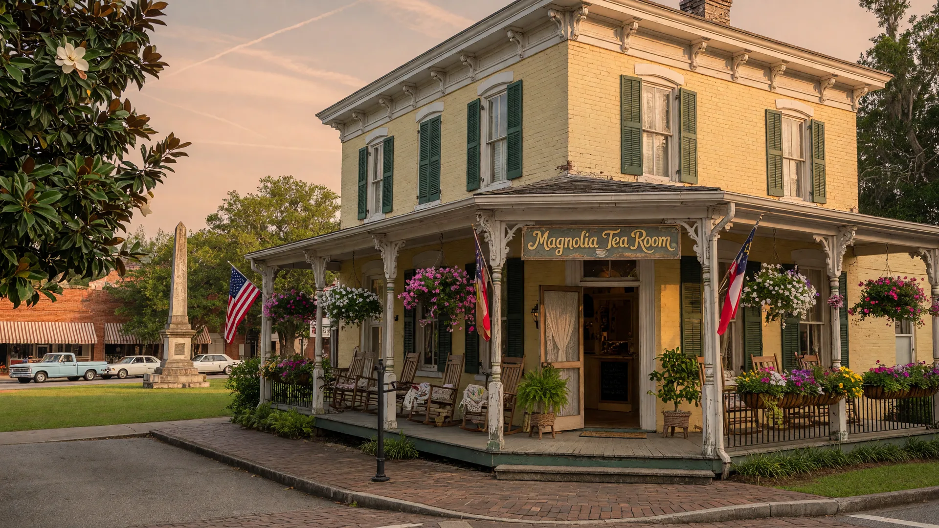 Charming exterior of Fergusson's on the Square tea room in historic downtown Hoschton Georgia