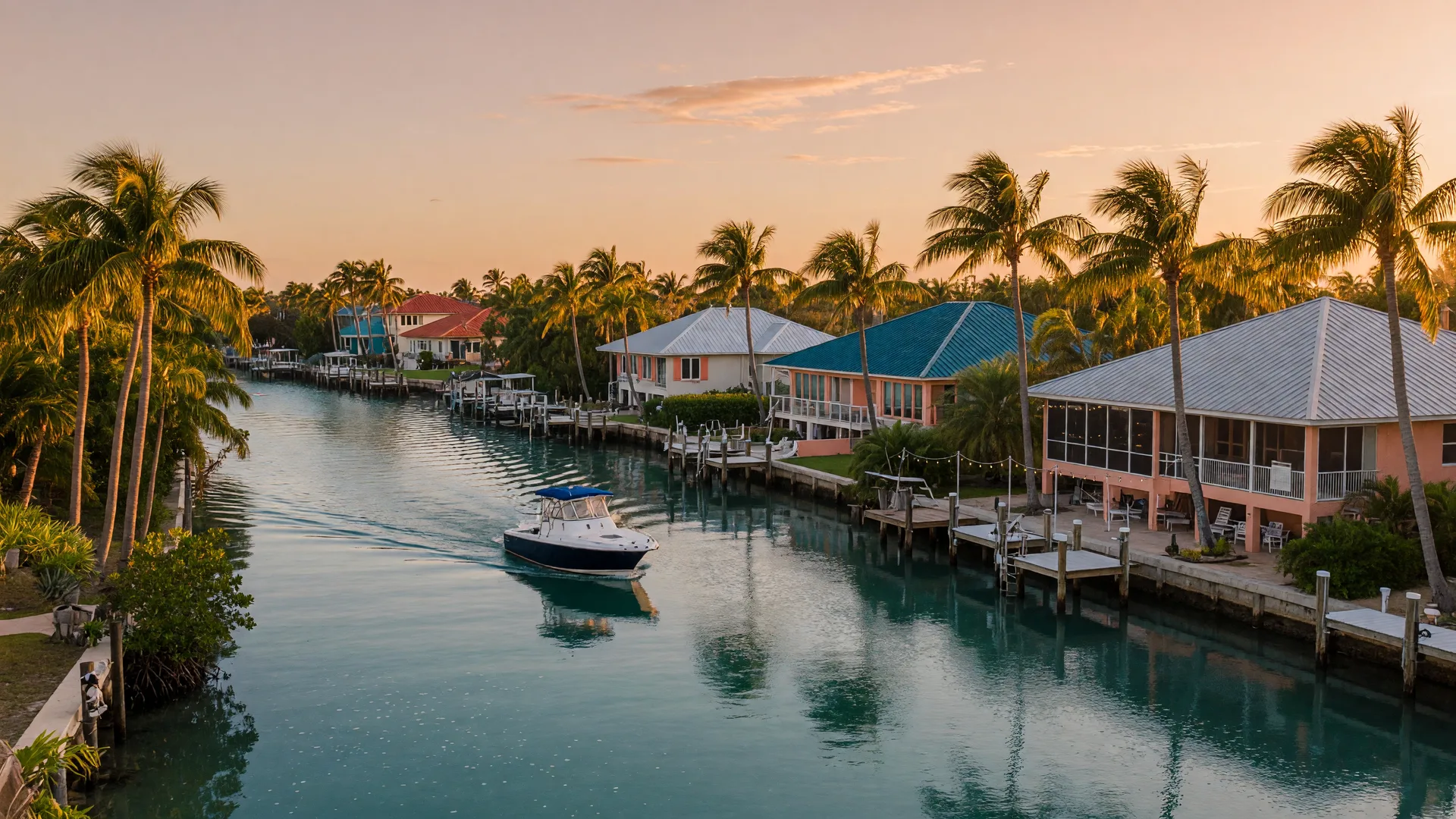The Florida Keys in the soft golden light of a winter afternoon, a quiet deep-water canal lined with tall palms and elevated luxury waterfront homes with metal roofs, a single boat crossing glassy turquoise water under a warm sky