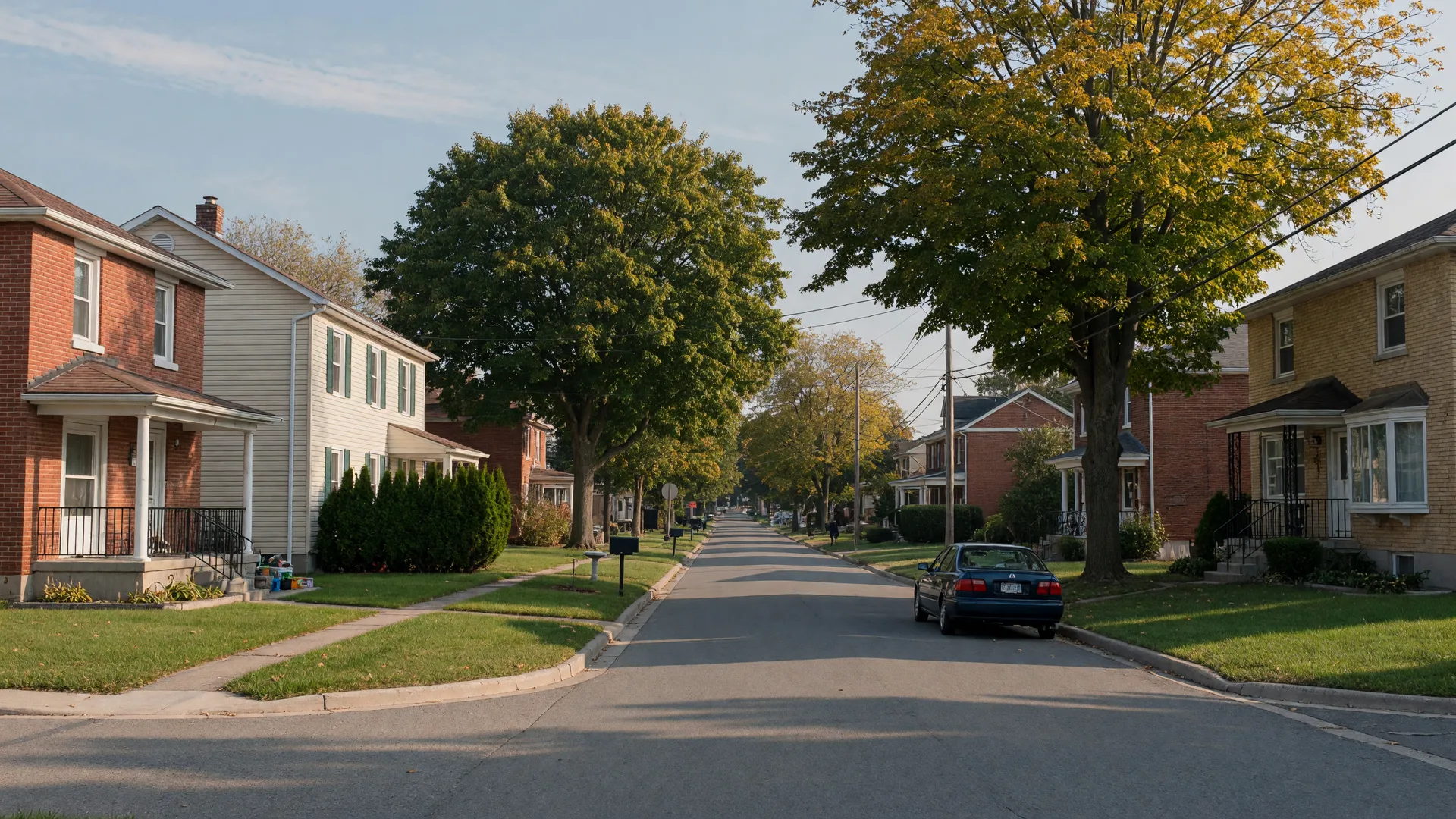 Quiet residential street in Oshawa with family homes and autumn trees in morning light