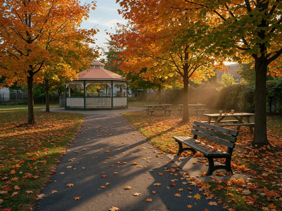 Public park path in a Montgomery County borough lined with sugar maples turning gold and orange in early fall, with a wooden bench and a community gazebo