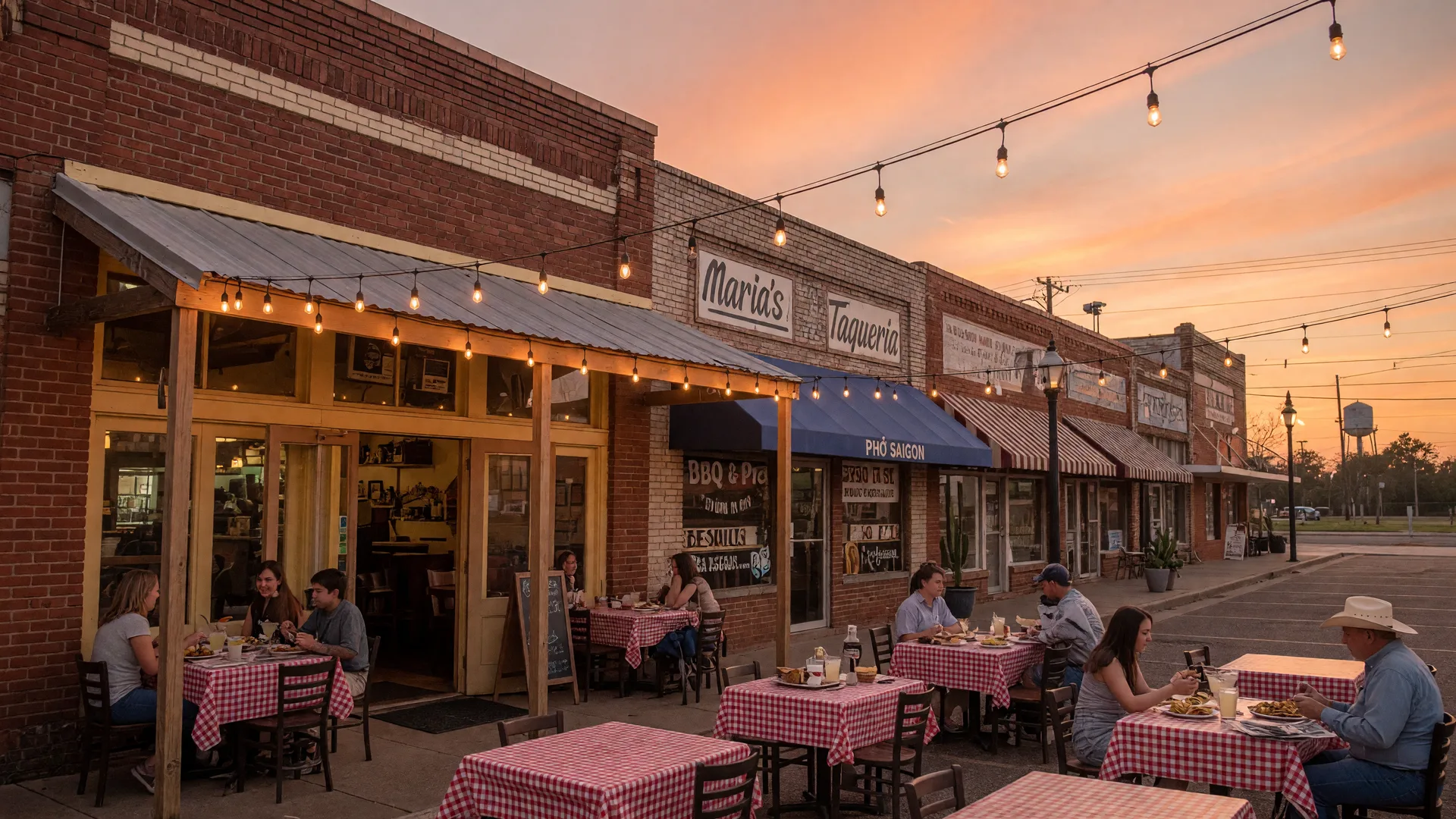 An evening outdoor dining scene in Humble, Texas with string lights and al fresco tables at golden hour