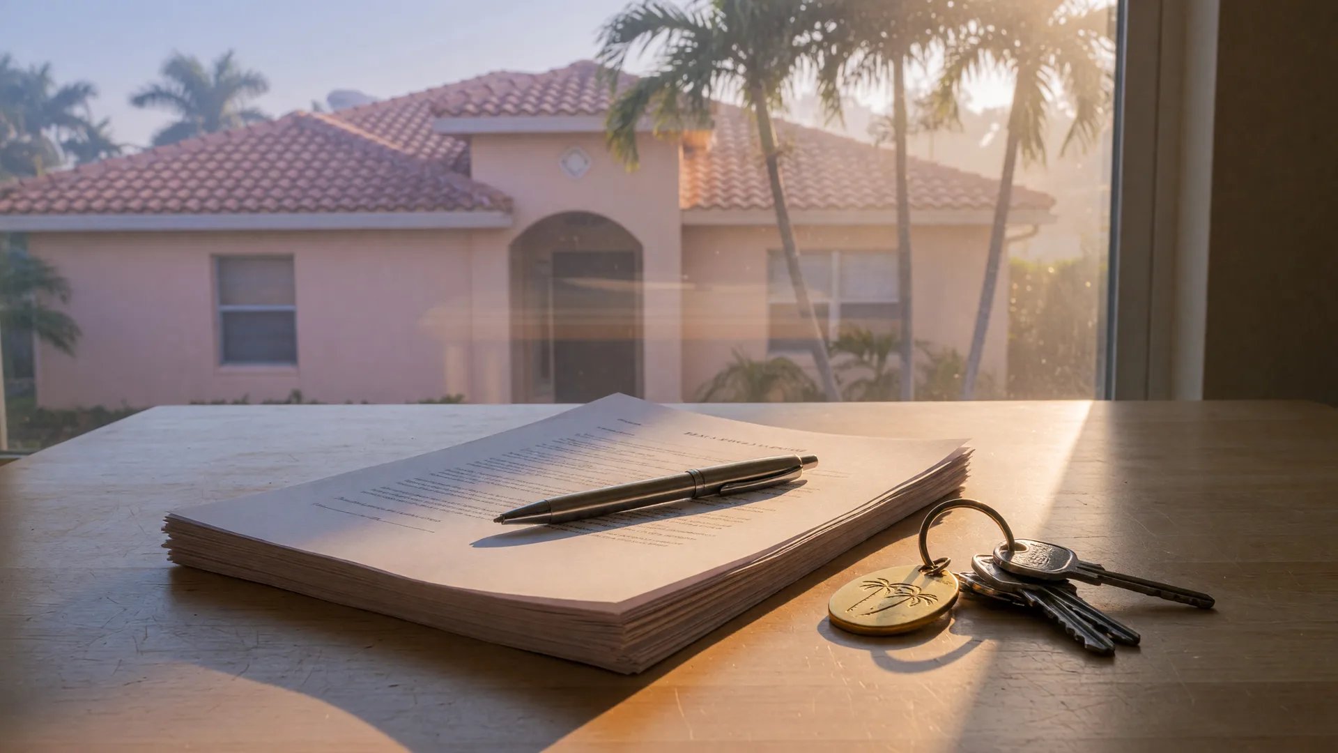 Florida home closing documents, a pen, and house keys on a kitchen table with a stucco home and palm trees through the window